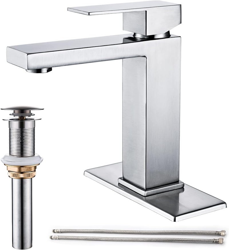 AVSIILE Brushed Nickel Bathroom Faucet, Single Hole Vanity Bath Faucet, Single Handle Modern Stainless Steel Bathroom Faucets for Sink 1 Hole with Pop Up Drain Stopper & Water Supply Hoses - Image 1